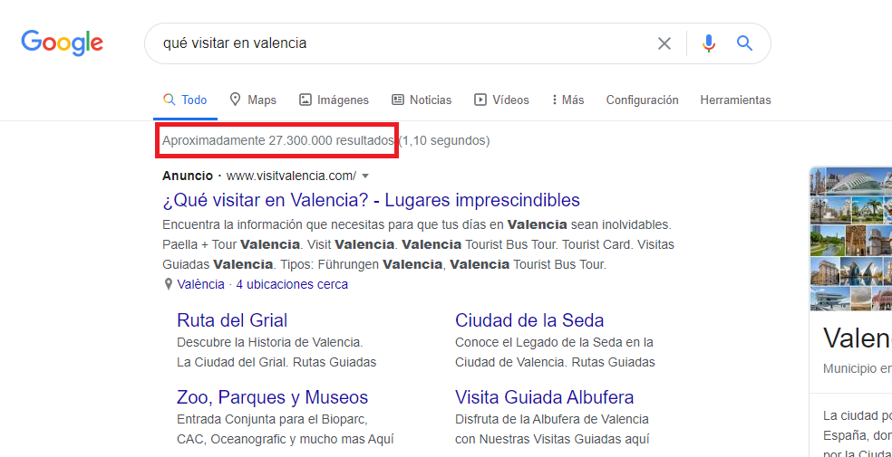 Resultados indexados google serp